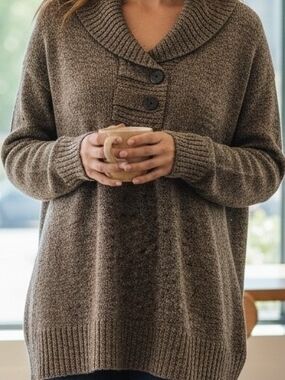 Cozy CJ Banks Shawl Collar Pullover Sweater Brown 2XL Cotton Blend Boho Slouch